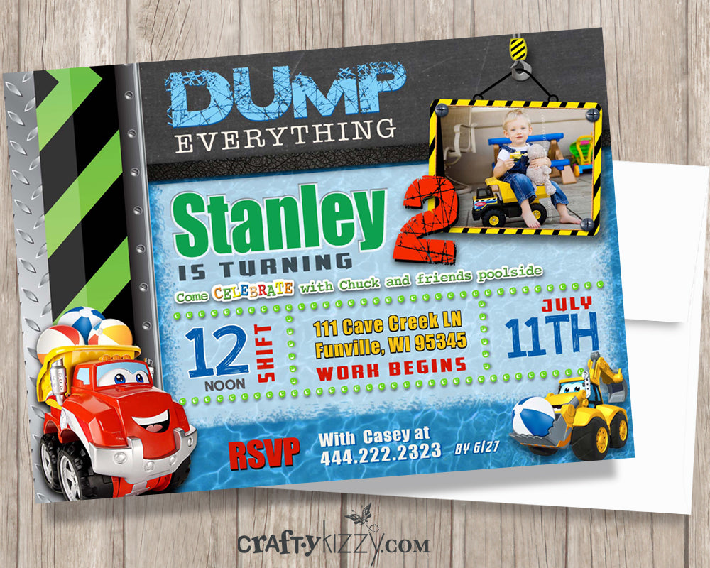 Construction Pool Party Birthday Invitation - Boy Construction Birthday Party -  Invitations - CraftyKizzy