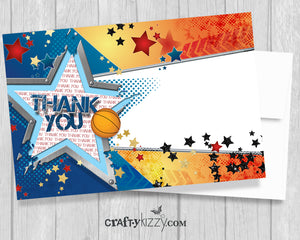 Basketball Printable THANK You Card - All Star Birthday - Boy's Birthday Thank You Cards - INSTANT DOWNLOAD - CraftyKizzy