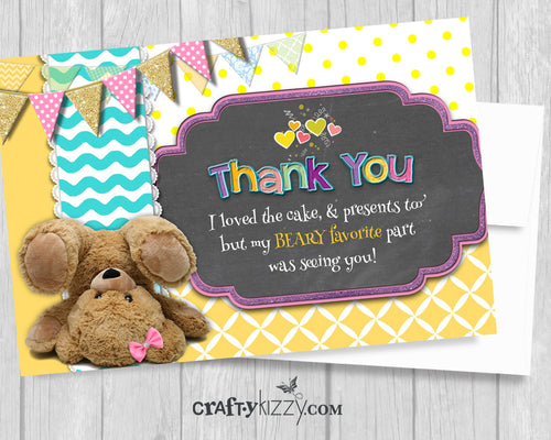Teddy Bear 1st Birthday Thank You Card - Bear Pun Thank You Cards - Girls - Chevron INSTANT DOWNLOAD - CraftyKizzy
