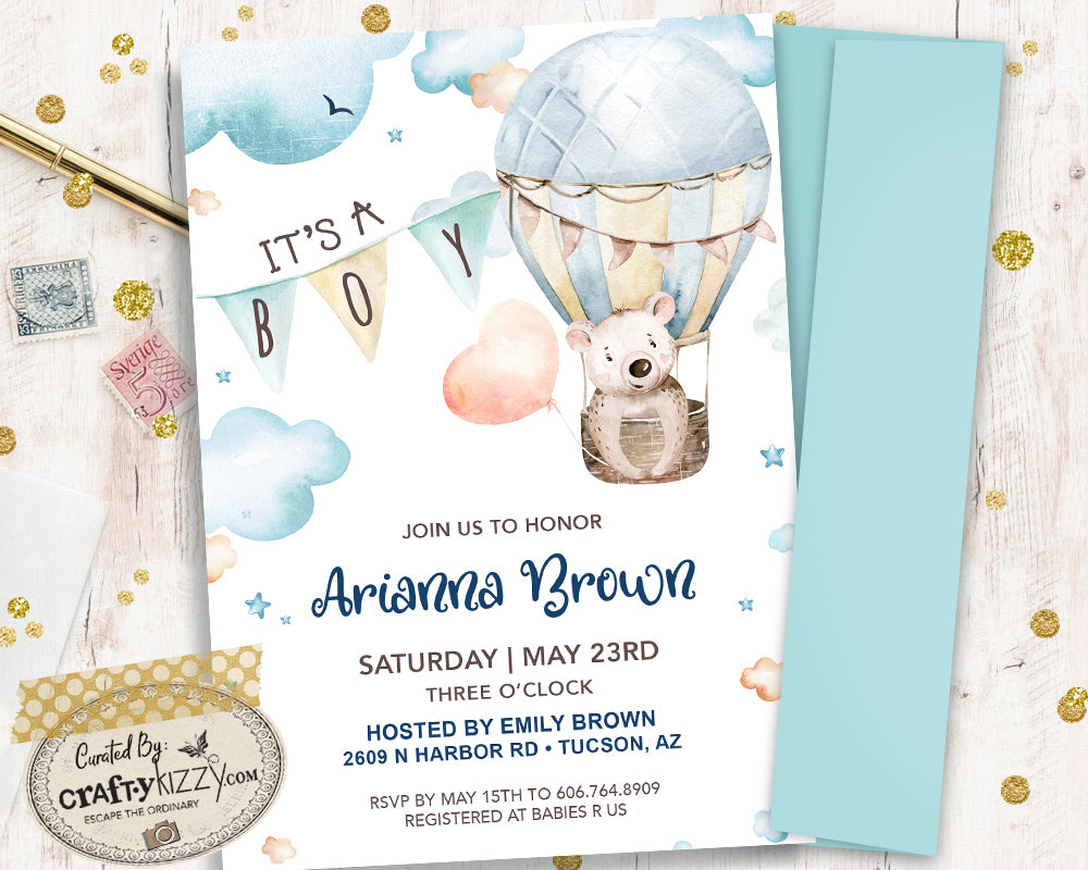 woodland, animals watercolor, hot air balloon invitation,