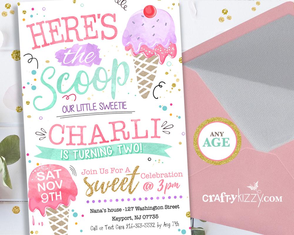 Ice Cream Birthday Invitations - Twins First Birthday - Girl Ice Cream Social Invitation - Two Scoops - Here's The Scoop - CraftyKizzy