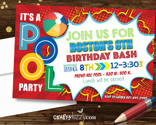 Pool Party Tween Boy Birthday Invitations - Superhero Comic Style Invitation 