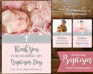 Unisex Christmas Christening First Communion - Baptism Photo Thank You Card - Boy Girl Printable - Personalized Note Card Red Gold - CraftyKizzy