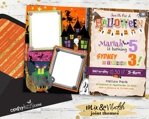 Kids Joint Halloween Party Invitations - Sibling Birthday Invitation Children Costume Party Printable - Twin Twins - CraftyKizzy