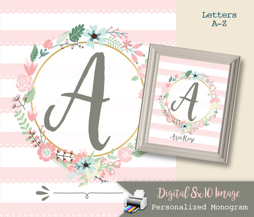 Pink Nursery Monogram Art Print - Baby Girl Monogram - Nursery Wall Art Decor - Custom Nursery Art - Floral Letters - Printable - CraftyKizzy