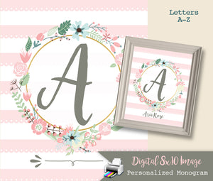 Pink Nursery Monogram Art Print - Baby Girl Monogram - Nursery Wall Art Decor - Custom Nursery Art - Floral Letters - Printable - CraftyKizzy