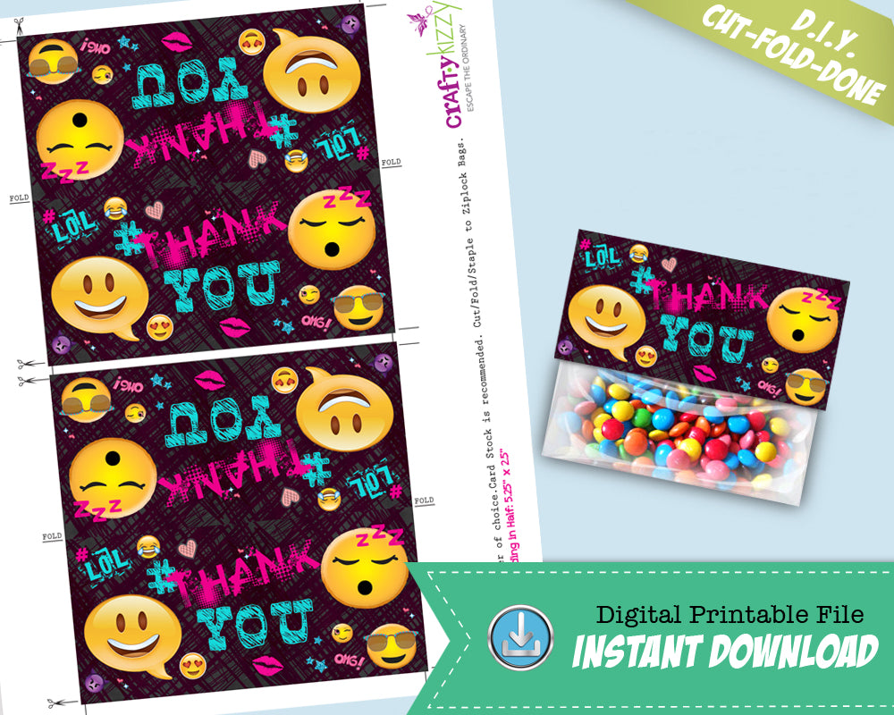 Emoji Thank You Treat Bag Party Favor Toppers - Emojis Printable Candy Loot Bag Favors - DIY Favor Tag  -  INSTANT DOWNLOAD - CraftyKizzy