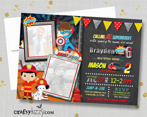 Sibling Birthday Invitation - Fire Trucks and Superheroes Joint Invitations - Boy Printable Party Invites