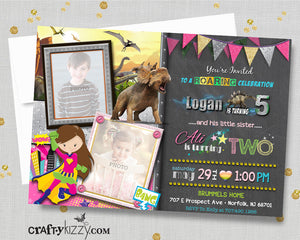 Superhero Joint Birthday Invitation - Dinosaur Joint Invitations - Supergirl - Girl Superheroes and Dino Party Invite