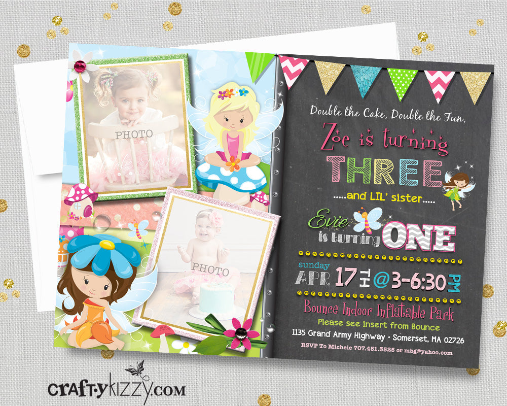 Sibling Girl Fairy Birthday Invitations - Joint Party Invitation - Whimsical Invite - Fairies Birthday Party Pixie Invitation