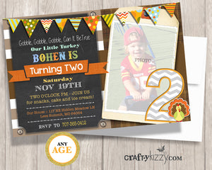 Our Little Turkey Is Turning Two Birthday Invitation - Boy 2nd Birthday Invitation Gobble Gobble Gobble Orange Yellow Rustic Fall Party - CraftyKizzy
