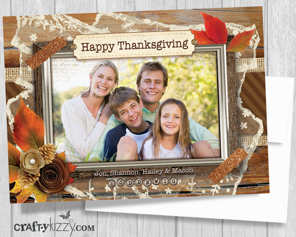 Thanksgiving Photo Card - Printable Family Photo Card - Happy Thanksgiving Greeting Card - Thankful Blessed Rustic Distressed Vintage - CraftyKizzy