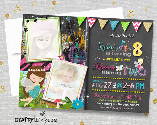 Joint Girl Birthday Invitations - Sibling Fairy Party Invitation - Whimsical Fairies - Joint Rock Star Invite - Pixie Girls - Birthday Party Invitation