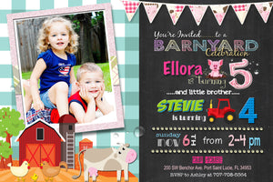 Girls Barnyard Sibling Birthday Invitations - Farm Animals and Tractors Girl Joint Party Invite - Barnyard Invitation - CraftyKizzy