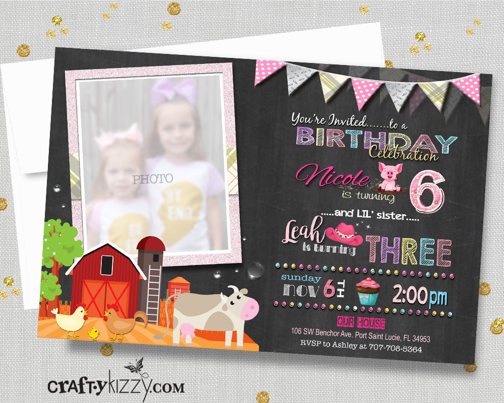 Girls Barnyard Sibling Birthday Invitations - Farm Animals and Tractors Girl Joint Party Invite - Barnyard Invitation