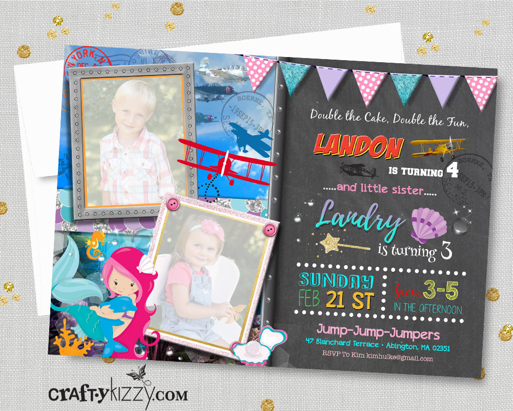 Mermaid Birthday Invitations - Joint Airplane Party Invitation - Mermaids and Planes Sibling Invite Girl Boy Twin Twins