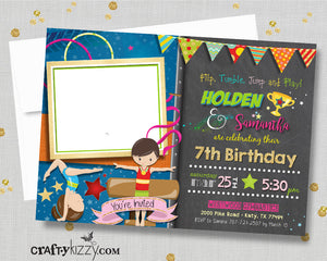 Twins Gymnastics Joint Birthday Invitations - Sibling Gymnast Party Invitation - Double Joint Flip Tumble Jump and Play Invite