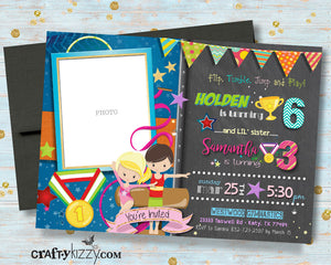 Sibling Gymnastics Joint Birthday Invitations - Double Gymnast Party Invitation - Flip Tumble Jump and Play Invite with Photo Boy Girl