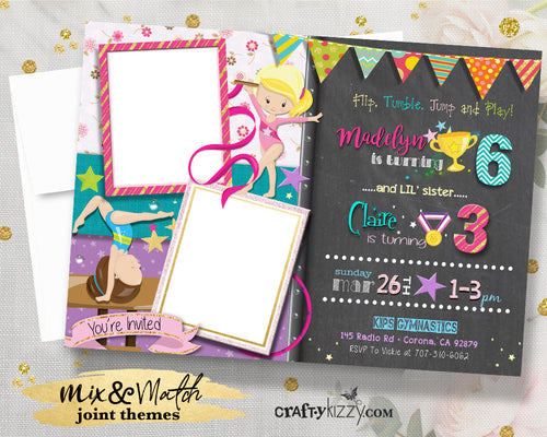 Girl Gymnastics Birthday Invitations - Double Joint Gymnast Party Invitation - Girls Gymnastics Flip Tumble Jump and Play Invite with Photos - CraftyKizzy