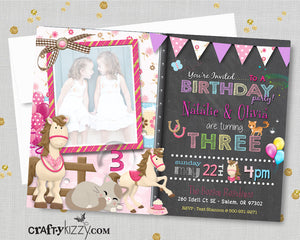 Joint Horse Birthday Invitation - Sibling Pony Invitations Twin Girls - Kitty Cat Party Invitation Twins - Cute Cat Invite