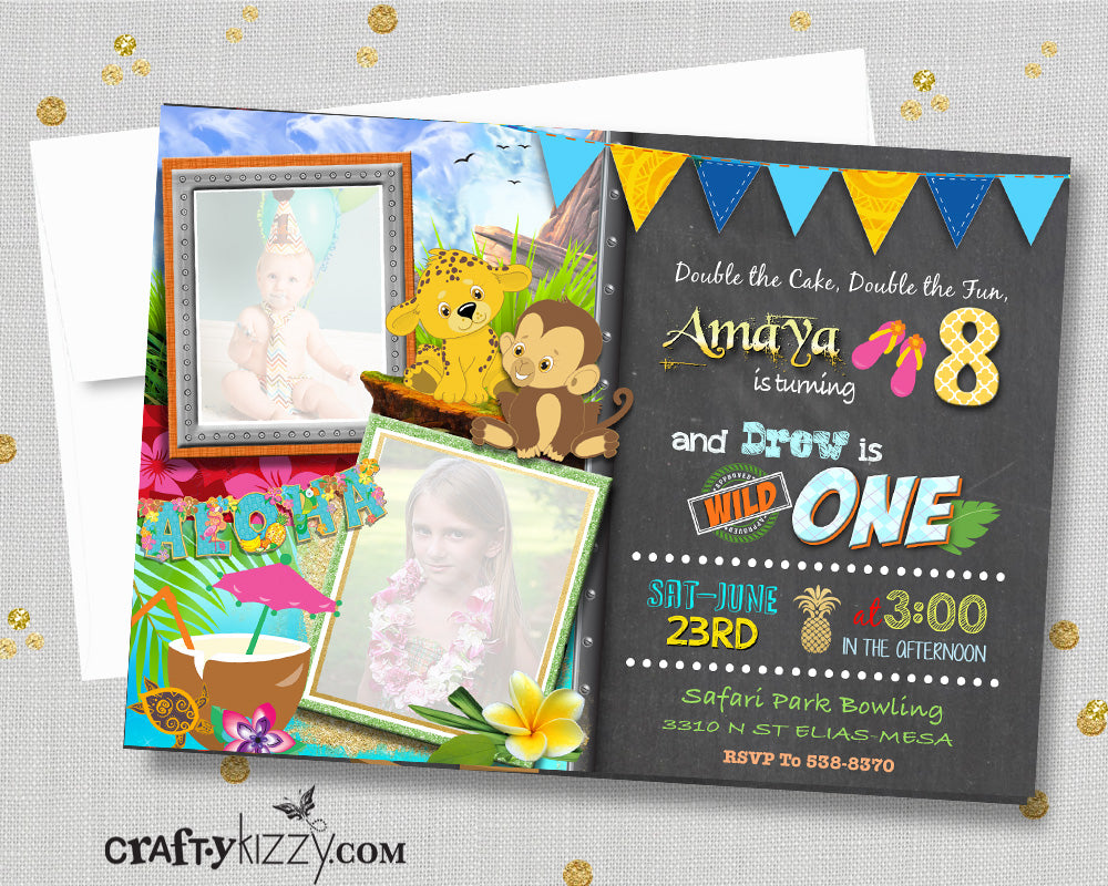 Luau Birthday Invitations - Joint Safari Invitation - Joint Sibling Party Invite - First 1st Birthday Girl Boy