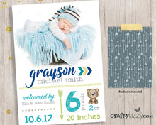 Woodland Boy Birth Announcement Card - Tribal Birth Announcement Card - Photo Card - Birth Stats - CraftyKizzy