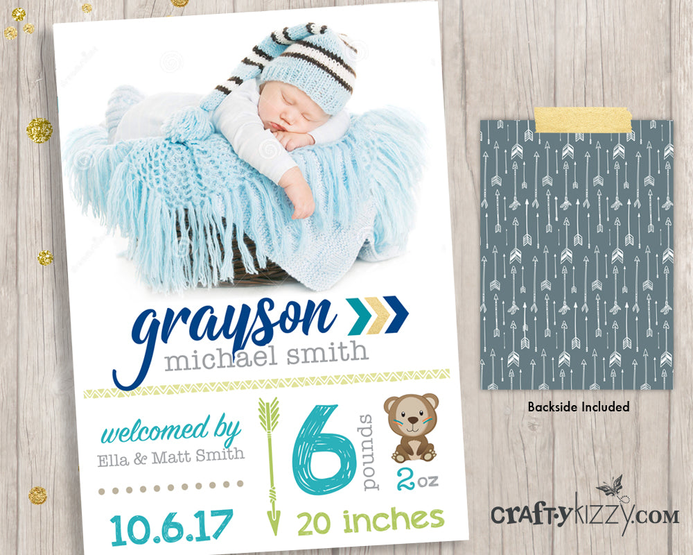 Woodland Boy Birth Announcement Card - Tribal Birth Announcement Card - Photo Card - Birth Stats - CraftyKizzy