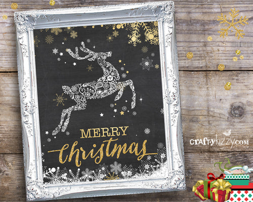 Merry Christmas Art Print - Reindeer Sign - Holiday Gift Prints - Chalkboard Art - Wall Decor INSTANT DOWNLOAD - CraftyKizzy