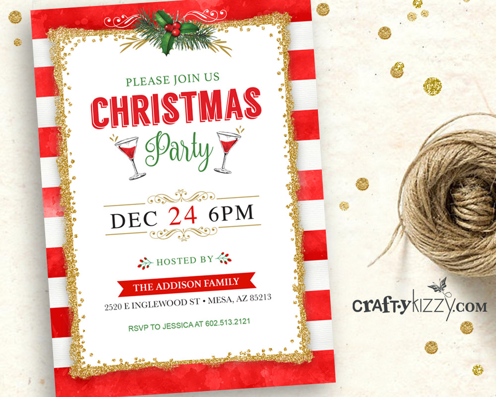 Christmas Party Invitation Printable Winter Party Invite Holiday Invitations Watercolor Red and Gold Glitter Personalized - CraftyKizzy