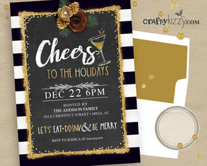 Cheers To The Holidays Party Invitation Holiday Invitations - Eat Drink & Be Merry Invite - Black and Gold Glitter Personalized - CraftyKizzy