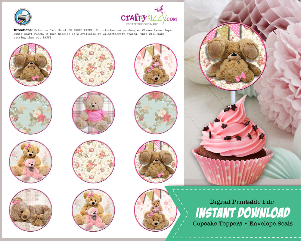 Shabby Chic Teddy Bear Cupcake Toppers - First Birthday Cupcake Toppers - Envelope Seals - INSTANT DOWNLOAD - CraftyKizzy