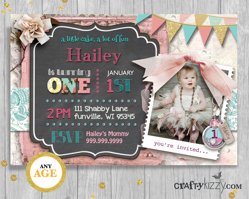 Shabby Chic First Birthday Girl Invitation - 1st Birthday Party Chalkboard Printable Invite - Vintage Lace Floral Pink Invitation - Big ONE - CraftyKizzy