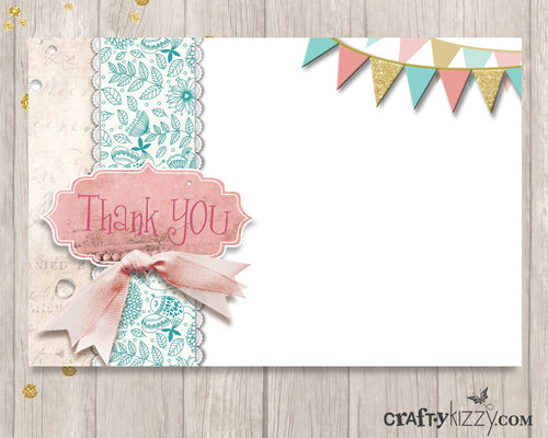 Shabby Chic Thank You Card - Printable Birthday Thank You Cards - Note Card INSTANT DOWNLOAD - CraftyKizzy