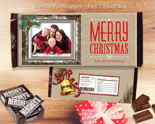 Merry Christmas Chocolate Bar Wrapper Printable Holiday Favors Gifts - Rustic Hershey's Bar Label with Photo - CraftyKizzy