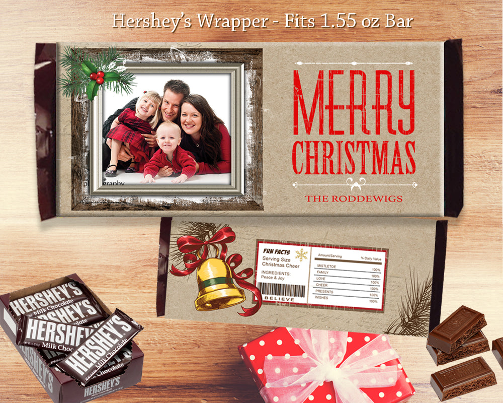 Merry Christmas Chocolate Bar Wrapper Printable Holiday Favors Gifts - Rustic Hershey's Bar Label with Photo - CraftyKizzy