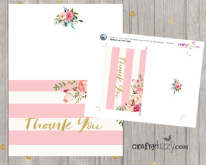 Wedding Thank You Cards Printable Bridal Shower Card - Watercolor Flowers - Pink and Gold - INSTANT DOWNLOAD - CraftyKizzy