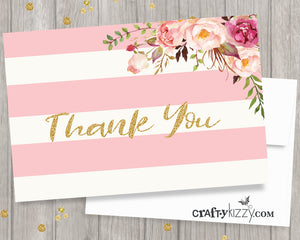 Wedding Thank You Cards Printable Bridal Shower Card - Watercolor Flowers - Pink and Gold - INSTANT DOWNLOAD - CraftyKizzy