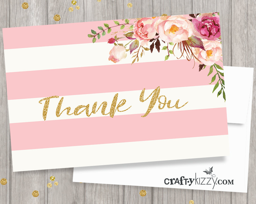 Wedding Thank You Cards Printable Bridal Shower Card - Watercolor Flowers - Pink and Gold - INSTANT DOWNLOAD - CraftyKizzy