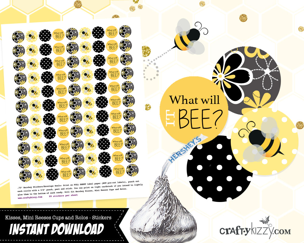Bee Gender Reveal Favors Hershey Kisses Stickers - What Will It Bee Baby Shower Favors - Black & Yellow INSTANT DOWNLOAD - CraftyKizzy