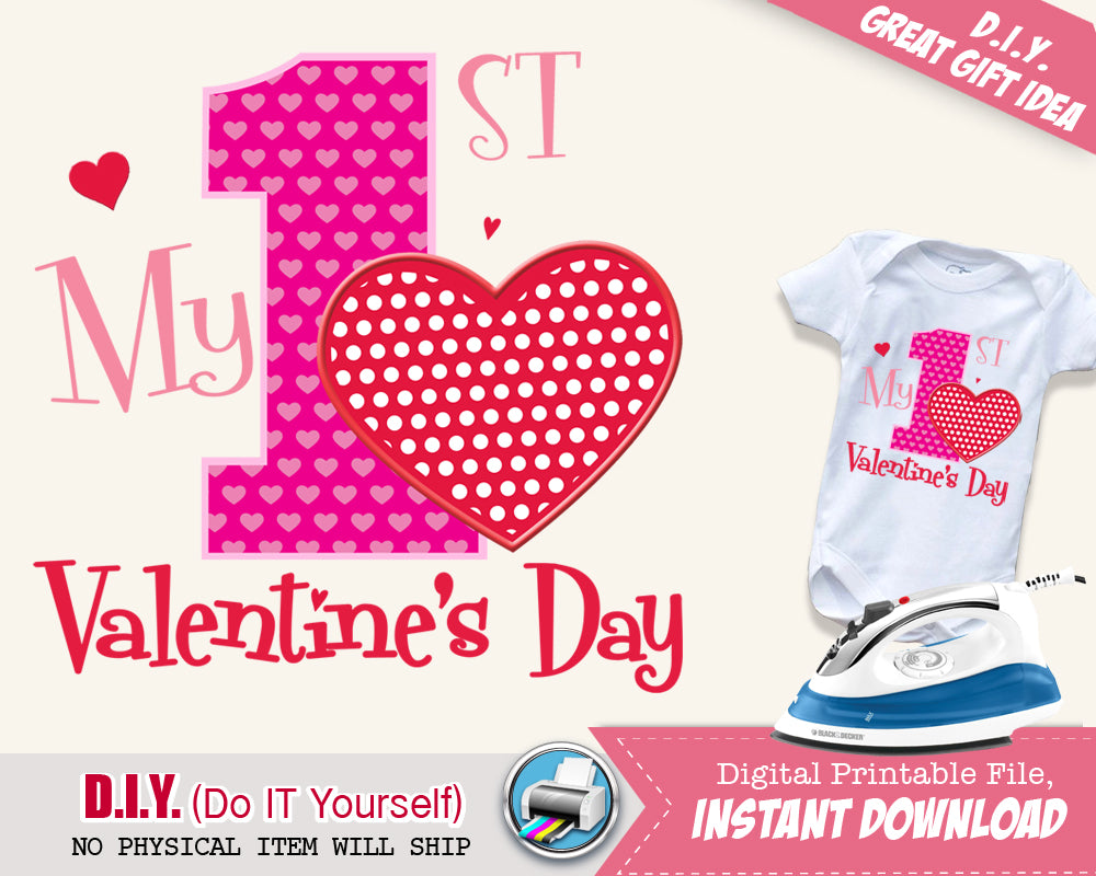 My First Valentine's Day Girl Shirt - Girls Valentines Onsie Printable Iron On Digital Transfer - Pink & Red INSTANT DOWNLOAD - CraftyKizzy