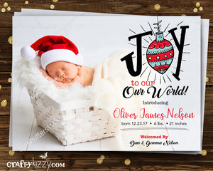 Birth Announcement Christmas Card - Joy To Our World Photo Card - Holiday Newborn Baby Card - CraftyKizzy