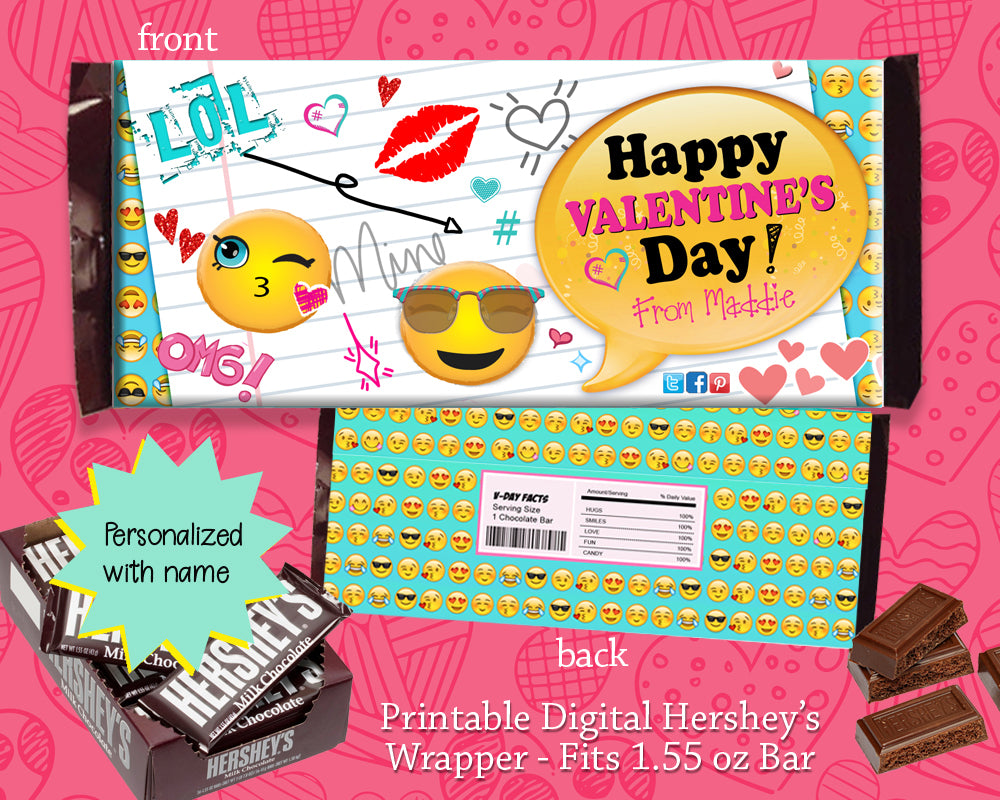 Emoji Happy Valentine's Day Girl Party Favors Candy Bar Wrapper Valentine Candy Gram Classroom Favor Label - Personalized - CraftyKizzy