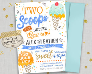 Joint Ice Cream Birthday Invitations - Two Scoops Are Better Than One Twins First Birthday - Girl Ice Cream Second Birthday Invitation