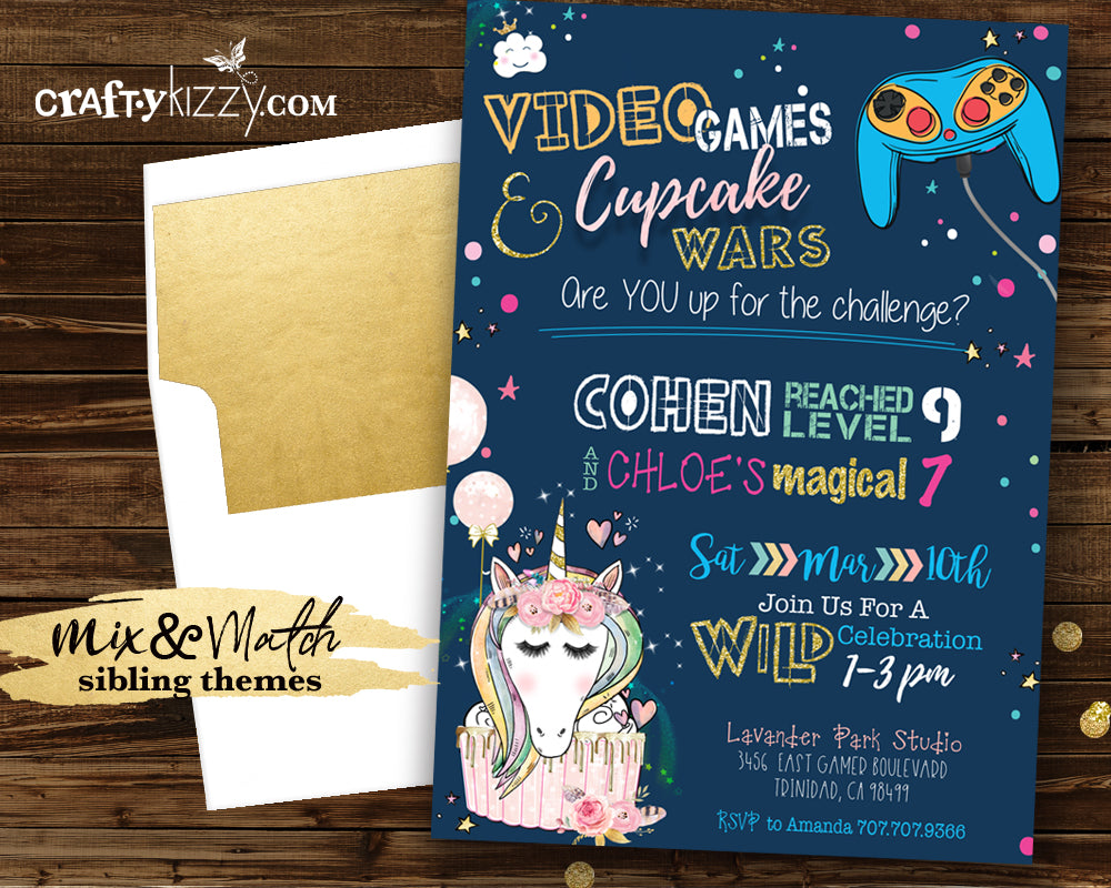 Cupcake Wars Joint Birthday Invitation - Game On Video Game Joint Invitation Printable - Brother Sister Party - Unicorns Gamer Girl Boy - CraftyKizzy