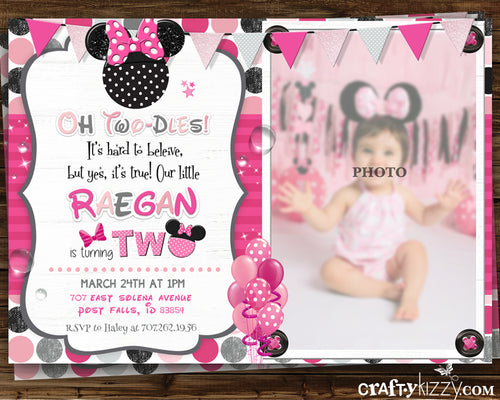 Minnie Mouse Pink Second Birthday Girl Invitation - Oh Twodles - 2nd or First Birthday Invitations - CraftyKizzy