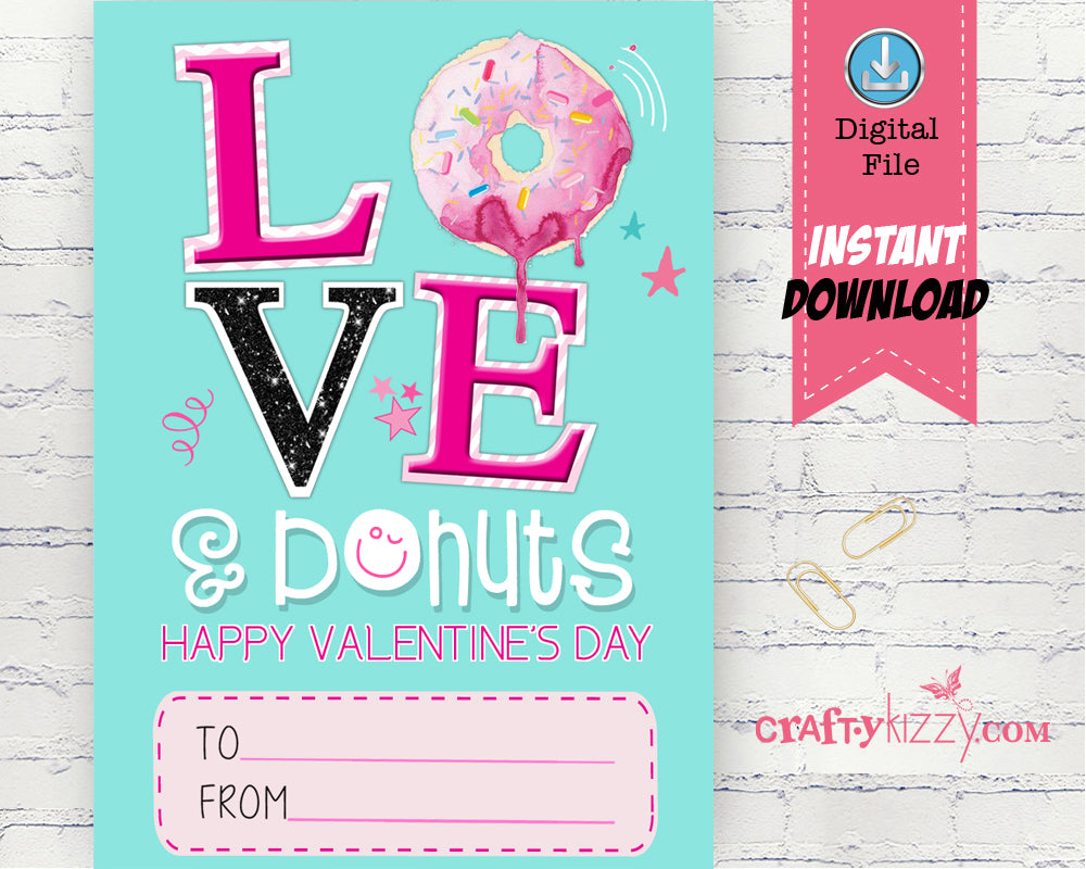 Donut Valentines Day Cards - Love and Donuts Girl Valentine's - Classroom Valentine Printable Cards - INSTANT DOWNLOAD - CraftyKizzy