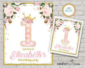 Princess First Birthday Invitations - Pink and Gold Boho Girl 1st Birthday Party - Big One Watercolor Floral - Valentine's Birthday Valentine Bday Invite - CraftyKizzy