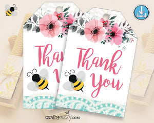 Girl Bumble Bee Thank you Card - Mom to Bee Thank You Card - Printable Pink Floral Honey Comb - Baby Shower - INSTANT DOWNLOAD - CraftyKizzy