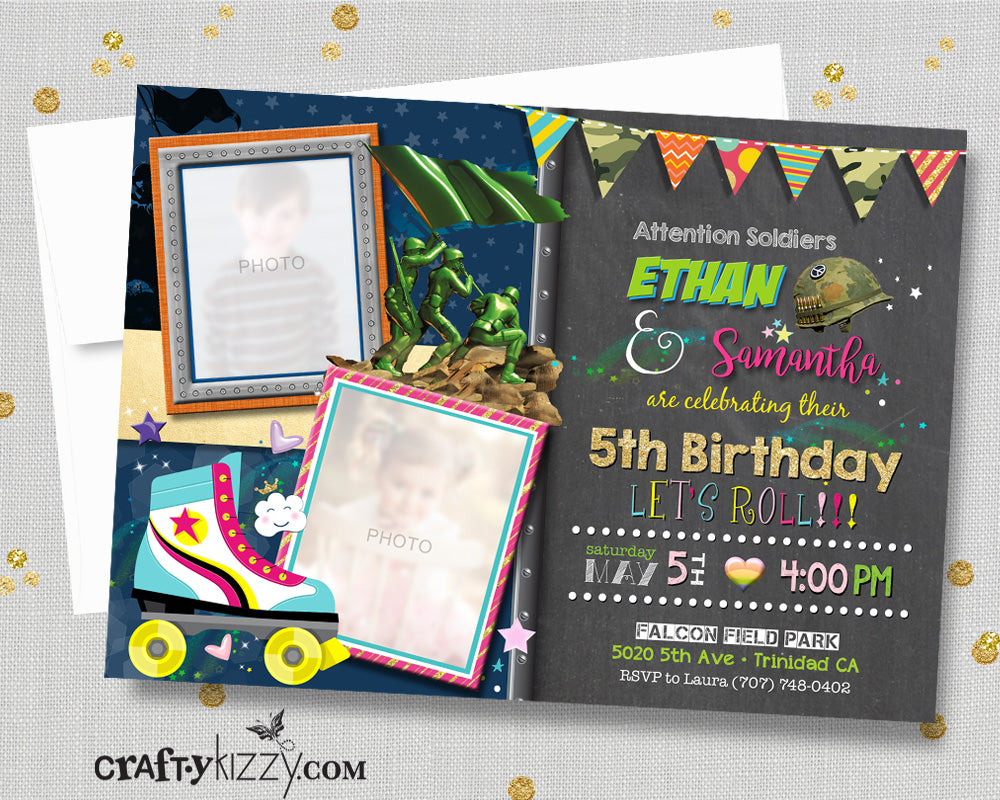 Roller Skating Joint Birthday Invitation Army Soldier Birthday Invitations - Roller Skate Twin Invitation