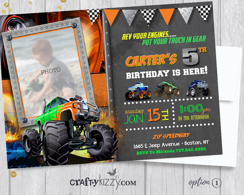 Orange Monster Truck Boy Birthday Invitation - Off-Roading Birthday Party Invitations - Mudders Party - CraftyKizzy